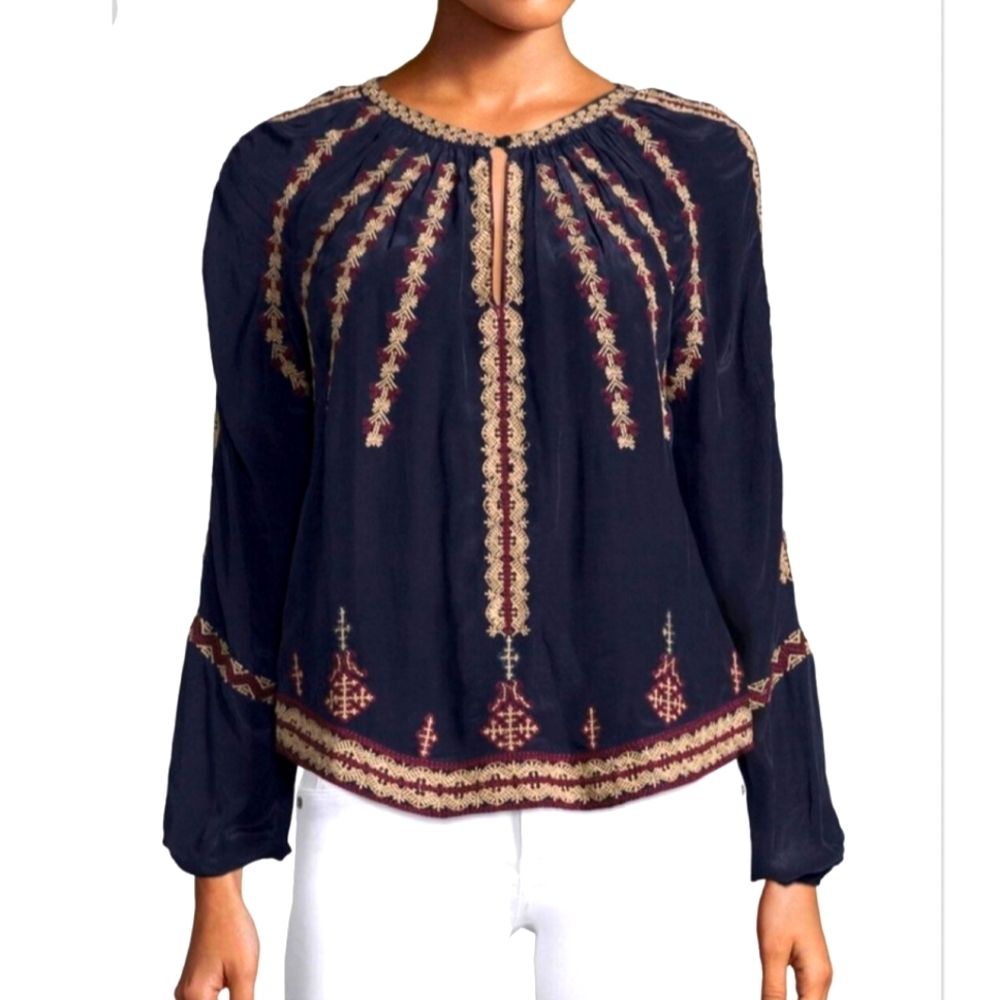 Love Sam Embroidered Blouse Navy Detailed Key Hole XS (S)
